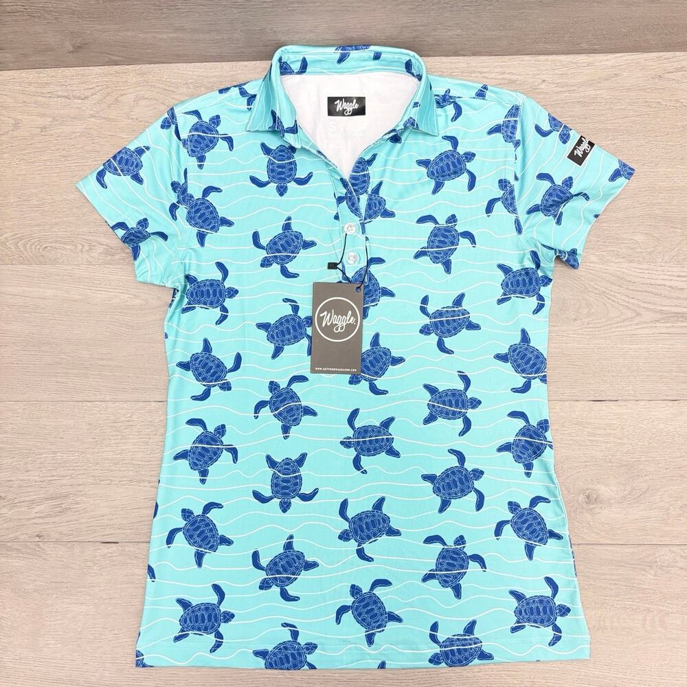 Waggle Golf Polo Shirt Turtle Time Blue Green Performance Polo Shirt NWT Size S